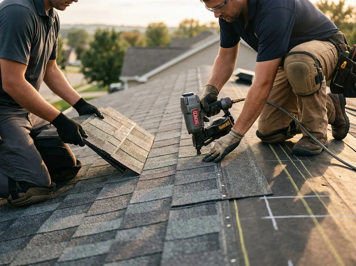 Professional roofer working on a residential roof in Home Gardens